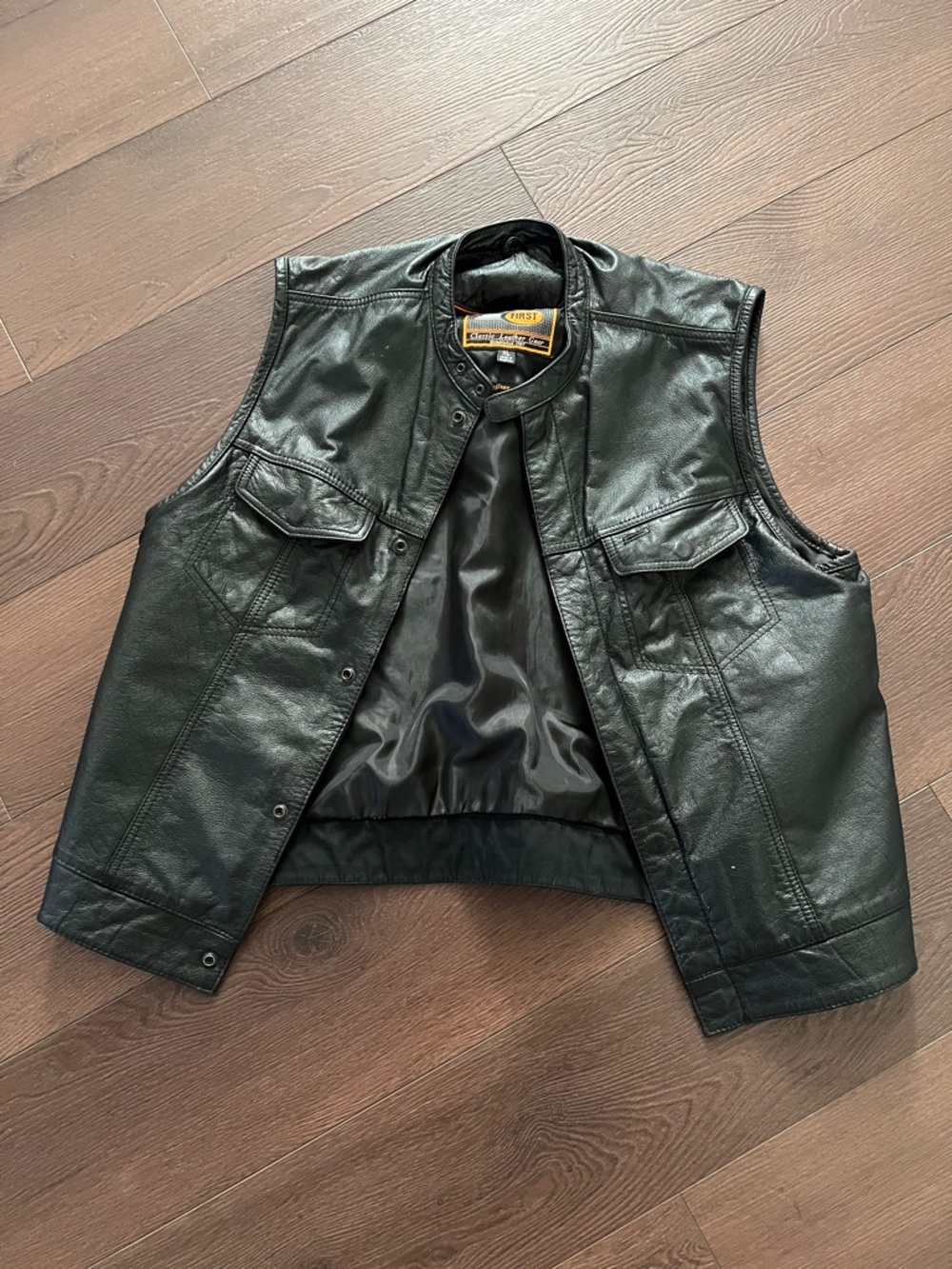 Men's Black Leather Vest with Snap Front - Classic Riding Style